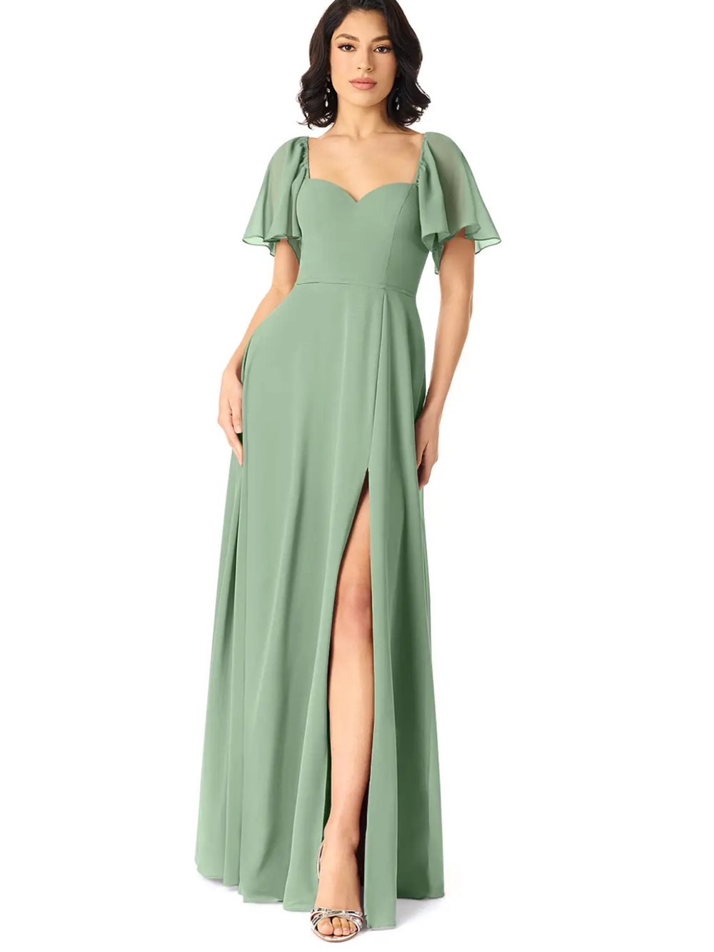 Azazie Sage Green Flutter-Sleeve Maxi Dress